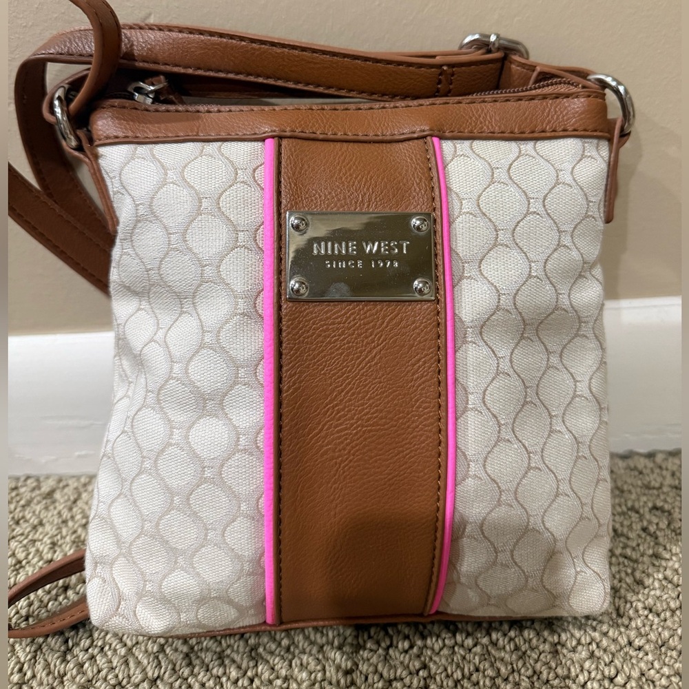 Nine West Tan and Cream Crossbody Bag with Pink Accent